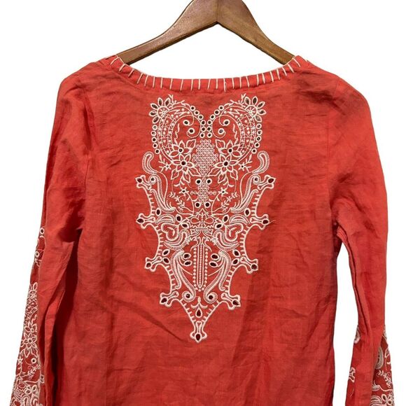Monoreno Embroidered  100 % Linen Peasant Blouse Long Sleeve Salmon Red Small - Picture 7 of 15